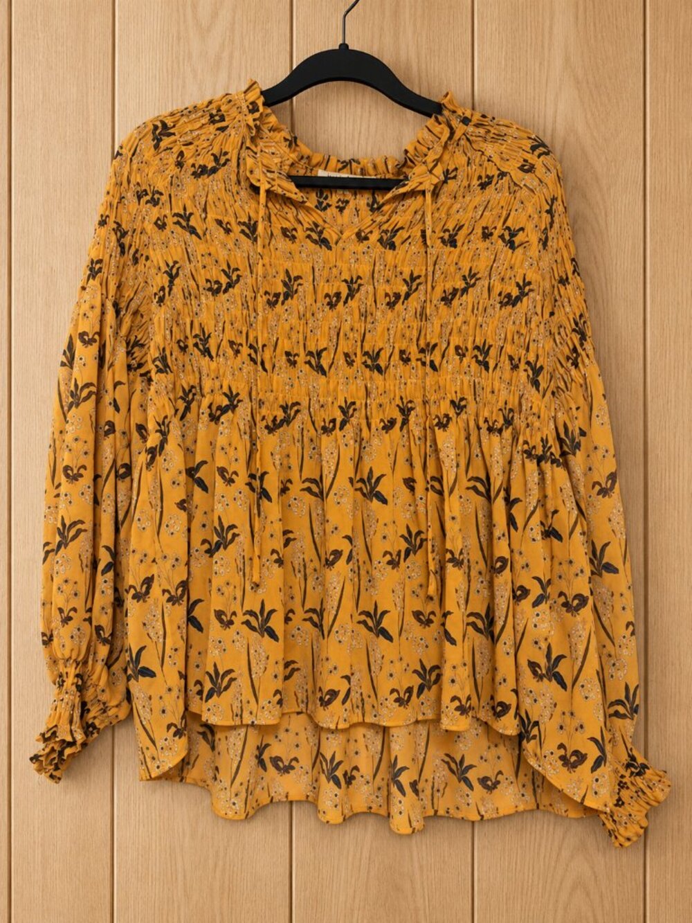 Rose + Olive Mustard Floral Smocked Boho Blouse | Small